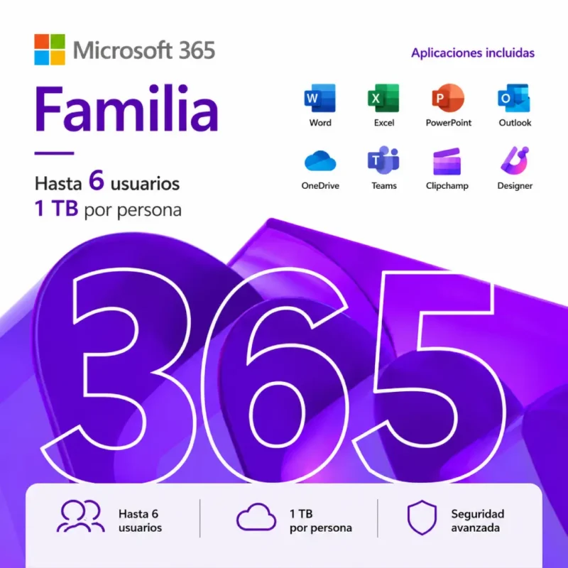 Microsoft 365 Familia licencia original para hasta 6 usuarios con 1TB en la nube y aplicaciones Office