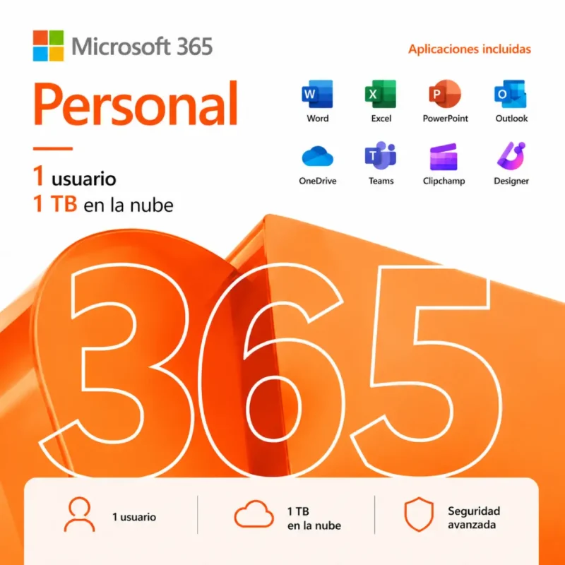Licencia original Microsoft 365 Familia con soporte para hasta 6 usuarios, almacenamiento en OneDrive de 1TB por persona y acceso a aplicaciones Word, Excel, PowerPoint, Outlook, Teams y más.