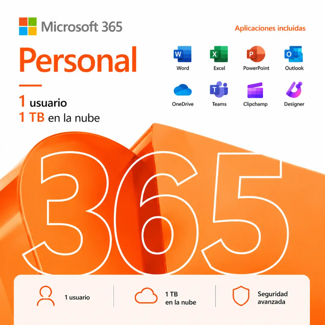 Licencia original Microsoft 365 Familia con soporte para hasta 6 usuarios, almacenamiento en OneDrive de 1TB por persona y acceso a aplicaciones Word, Excel, PowerPoint, Outlook, Teams y más.